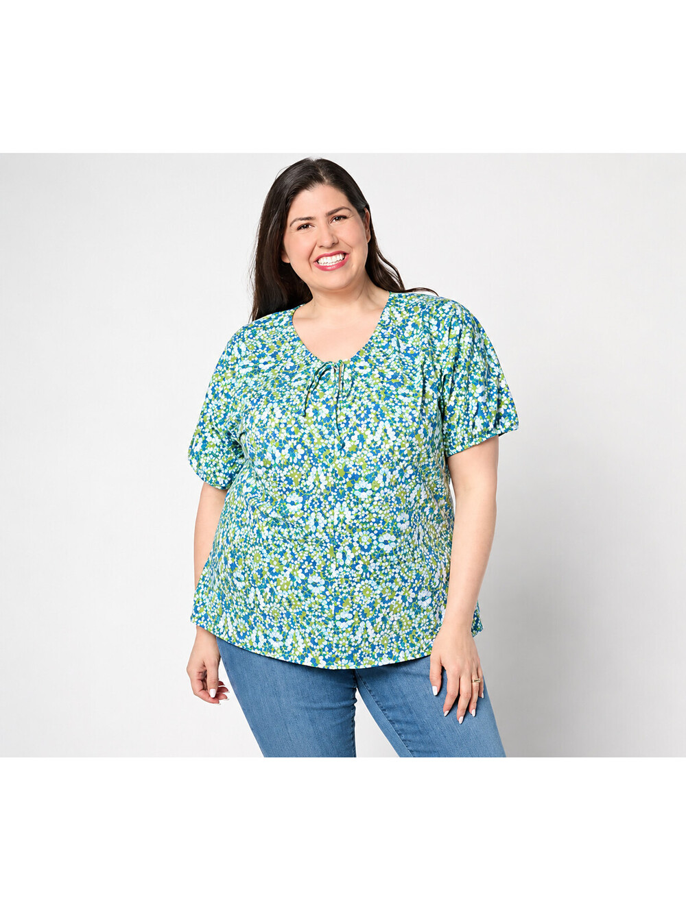 AnyBody Ruched V-Neck Short Sleeve Printed Knit Top Peridot, Small